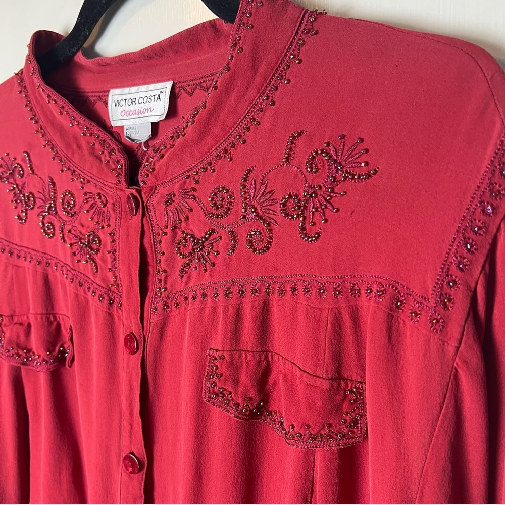 Victor‎ Costa Occasion - Women's Vintage Beaded Silk Blouse Red - Sz. 1X - Picture 4 of 10
